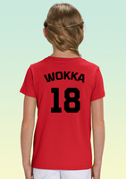 Back view of a girl wearing a red cotton children's t-shirt with bold black print featuring the word 'WOKKA' above a large number '18', referencing 18 Squadron.