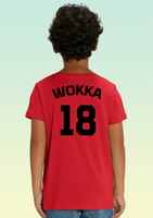 Back view of a boy wearing a red cotton children's t-shirt with bold black print featuring the word 'WOKKA' above a large number '18', referencing 18 Squadron.