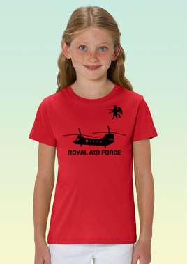 Girl wearing a red cotton t-shirt featuring a bold black Chinook helicopter graphic with the 18 Squadron Pegasus emblem above and 'ROYAL AIR FORCE' text below.