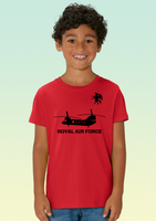 Boy wearing a red cotton t-shirt featuring a bold black Chinook helicopter graphic with the 18 Squadron Pegasus emblem above and 'ROYAL AIR FORCE' text below.