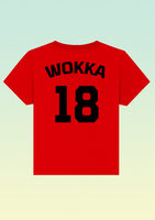 The back of a red baby t-shirt with large black 18 and WOKKA above it in a football shirt style.