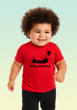 Red baby t-shirt with black Chinook helicopter, ROYAL AIR FORCE text, and 18 Squadron Pegasus crest above the design.