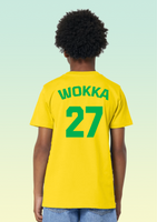 The back of a boy wearing a yellow cotton t-shirt featuring bold green ‘WOKKA’ text above a large number 27—styled with RAF Chinook pride.