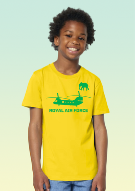 A boy wearing a yellow cotton children’s t-shirt with green screen-printed 27 Squadron elephant emblem and ‘ROYAL AIR FORCE’ text underneath.