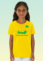 A girl wearing a yellow cotton children’s t-shirt with green screen-printed 27 Squadron elephant emblem and ‘ROYAL AIR FORCE’ text underneath.