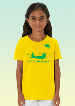 A girl wearing a yellow cotton children’s t-shirt with green screen-printed 27 Squadron elephant emblem and ‘ROYAL AIR FORCE’ text underneath.
