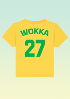 The back of a yellow baby t-shirt with large green 27 and WOKKA above it in a football shirt style.