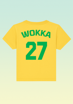 The back of a yellow baby t-shirt with large green 27 and WOKKA above it in a football shirt style.
