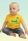 A baby wearing a pale yellow t-shirt with bright green Chinook helicopter, ROYAL AIR FORCE text, and the 27 Squadron elephant emblem above the design.