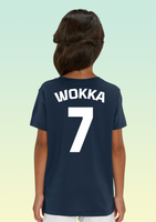 The back of a girl wearing a navy blue children’s t-shirt showing bold white number 7 hand-printed across the shoulders, representing RAF 7 Squadron.