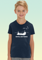 A boy wearing a navy blue cotton children’s t-shirt with an RAF Chinook and the 7 Squadron’s Ursa Major star constellation emblem hand-printed across the front in white ink.