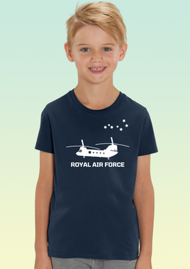 A boy wearing a navy blue cotton children’s t-shirt with an RAF Chinook and the 7 Squadron’s Ursa Major star constellation emblem hand-printed across the front in white ink.