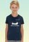 A boy wearing a navy blue cotton children’s t-shirt with an RAF Chinook and the 7 Squadron’s Ursa Major star constellation emblem hand-printed across the front in white ink.