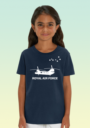 A girl wearing a navy blue cotton children’s t-shirt with an RAF Chinook and the 7 Squadron’s Ursa Major star constellation emblem hand-printed across the front in white ink.