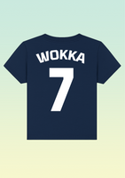 The back of a navy blue baby t-shirt with large white 7 and WOKKA above it in a football shirt style.