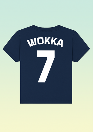 The back of a navy blue baby t-shirt with large white 7 and WOKKA above it in a football shirt style.