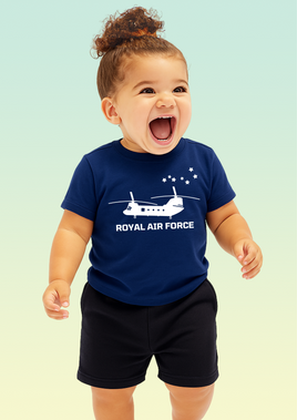 A toddler wearing a navy blue baby t-shirt with white Chinook helicopter, ROYAL AIR FORCE text, and Ursa Major star constellation above the design.