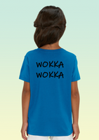 The back of a girl wearing a royal blue t-shirt showing black “WOKKA WOKKA” text printed across the upper back.