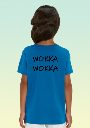 The back of a girl wearing a royal blue t-shirt showing black “WOKKA WOKKA” text printed across the upper back.