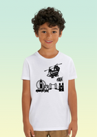 A boy wearing a white heavyweight organic t-shirt with black screen print of Chinook flying over London landmarks including the London Eye and Tower Bridge.