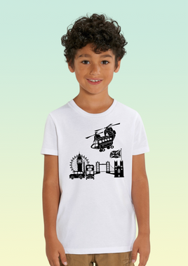 A boy wearing a white heavyweight organic t-shirt with black screen print of Chinook flying over London landmarks including the London Eye and Tower Bridge.