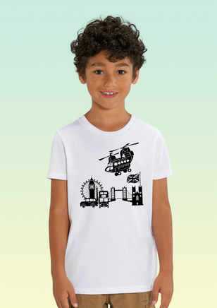 A boy wearing a white heavyweight organic t-shirt with black screen print of Chinook flying over London landmarks including the London Eye and Tower Bridge.