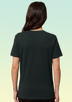 The back view of a woman wearing a black t-shirt with no print or design -clean and minimal.