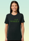 A woman wearing a black organic cotton women’s t-shirt with khaki print featuring a stylised Chinook helicopter above bold text reading WOKKA.