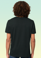 The back view of a man wearing a black t-shirt, plain with no print.