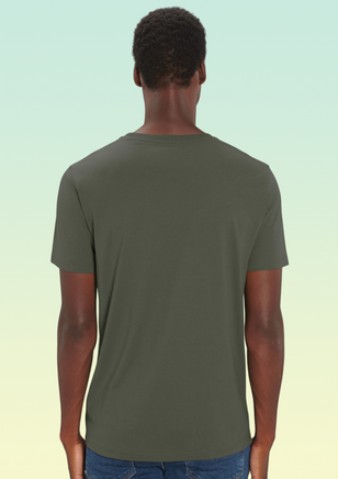 The back view of a man wearing a khaki t-shirt, plain with no design.