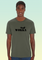 A man wearing a khaki heavyweight cotton t-shirt with black print of a stylised Chinook helicopter above bold text WOKKA.