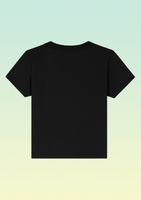 The back view of a black cotton baby t-shirt.