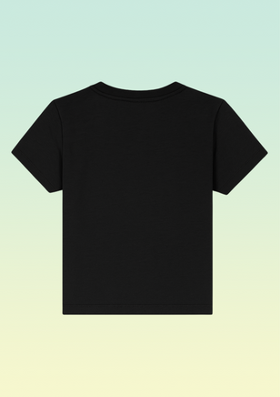 The back view of a black cotton baby t-shirt.