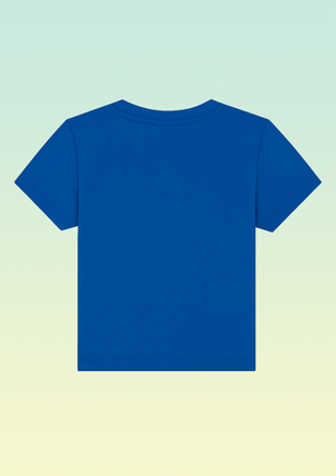 The back of a plain royal blue cotton t-shirt.
