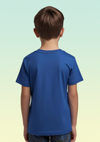 Back view of a boy wearing a royal blue cotton t-shirt.