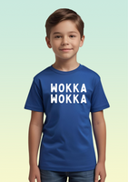 A boy wearing a royal blue children’s cotton t-shirt with large white WOKKA WOKKA print on the chest.