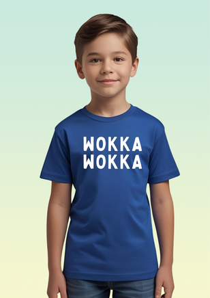 A boy wearing a royal blue children’s cotton t-shirt with large white WOKKA WOKKA print on the chest.