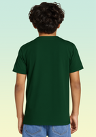 Back view of a boy wearing a plain bottle green t-shirt.