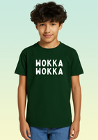 Front view of a boy wearing a bottle green t-shirt with WOKKA WOKKA text in white on the front.