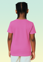 Back view of a girl wearing a plain pink t-shirt.