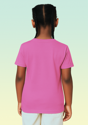 Back view of a girl wearing a plain pink t-shirt.