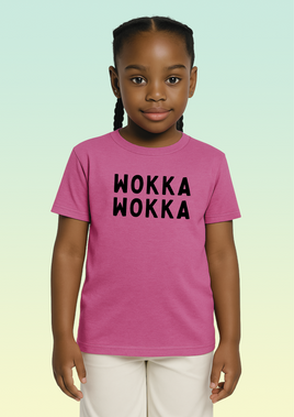 A girl wearing a pink t-shirt with WOKKA WOKKA text in white on the front.