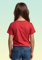 The back view of a girl wearing a plain red t-shirt.