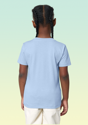 The back view of a girl wearing a sky blue cotton t-shirt.