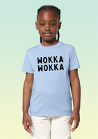 A girl wearing a sky blue cotton t-shirt with the text WOKKA WOKKA in bold black print across the front.