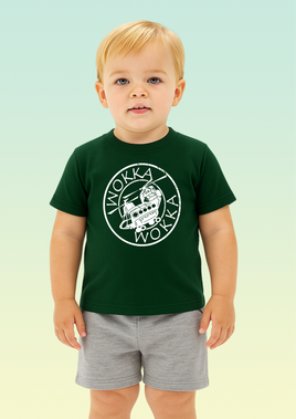 A baby wearing a bottle green t-shirt with a white circular Chinook helicopter design and WOKKA WOKKA text on the front