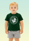 A baby wearing a bottle green t-shirt with a white circular Chinook helicopter design and WOKKA WOKKA text on the front
