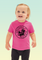 A little girl wearing a pink baby t-shirt with black circular Chinook helicopter graphic and WOKKA WOKKA text around the design.