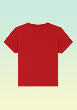 The back view of a red cotton baby t-shirt.
