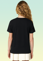 The back view of a girl wearing a plain black t-shirt.